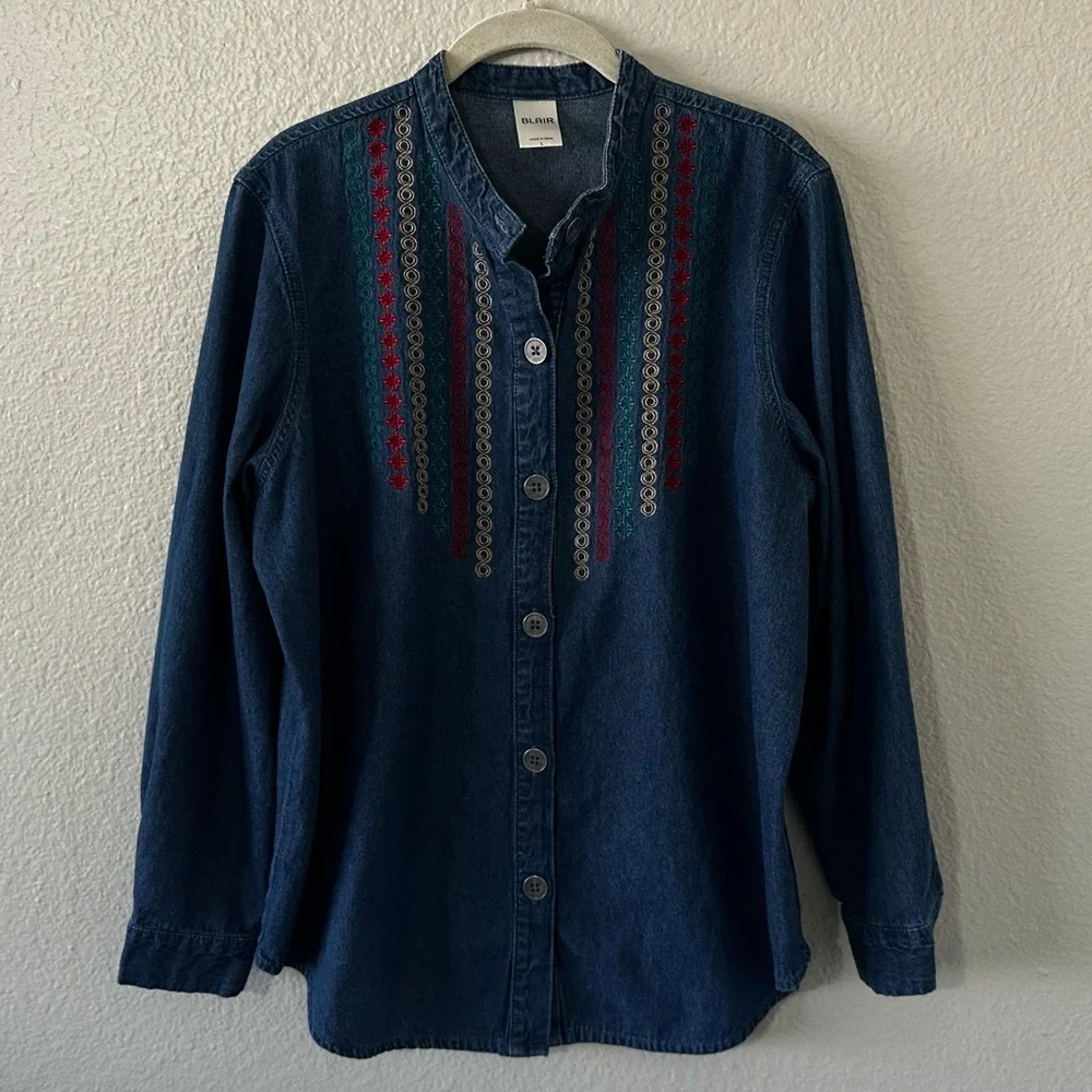 Blair |  100% Cotton Denim Embroidered Long Sleeve Button Down Shirt Size Large - Picture 2 of 7